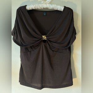Covington Black V-Neck Ring-Front Short Sleeve Blouse